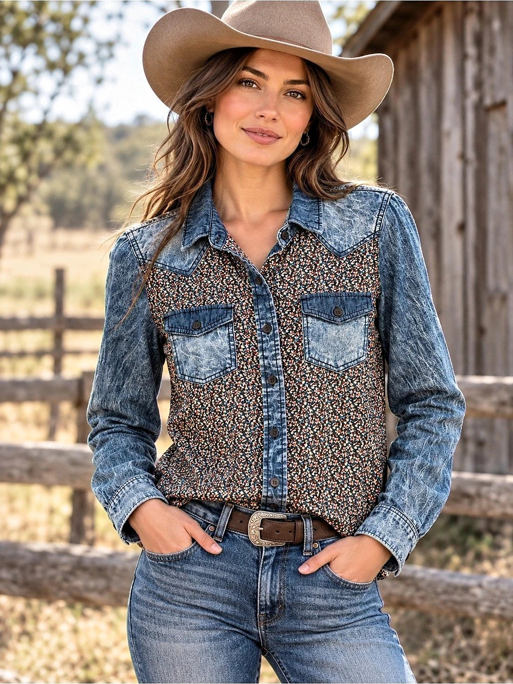 Vintage Cowgirl Mudd Medium Western Floral Mixed Print Denim Button Up Shirt
